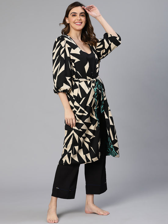 Women Black Abstract Print Belted Polyester Nightwear Cover Up-S23260WNW001