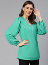 Women Soild Green V-Neck Polyester Long Sleeve Top-S23262WBL001