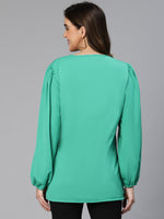 Women Soild Green V-Neck Polyester Long Sleeve Top-S23262WBL001