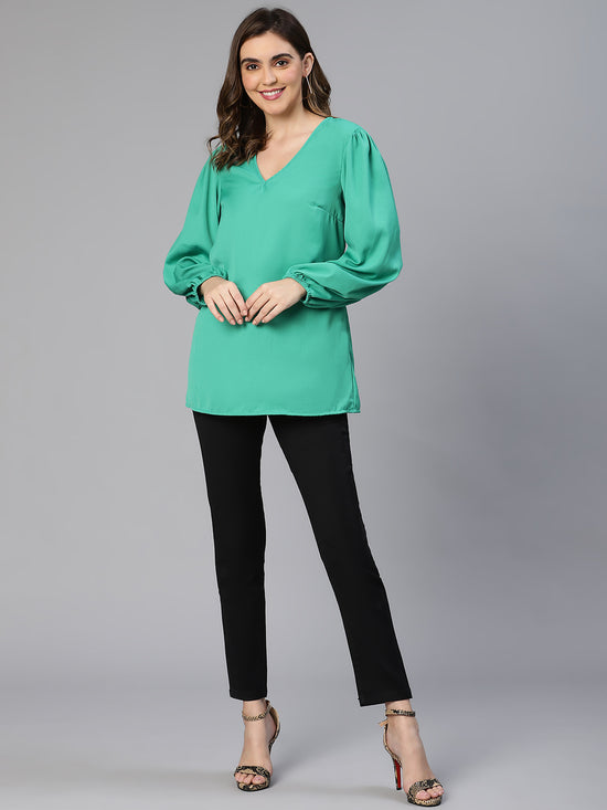 Women Soild Green V-Neck Polyester Long Sleeve Top-S23262WBL001