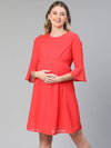 Women Embellished Elsaticated Round Neck Red Maternity Dress-S23283MADR01