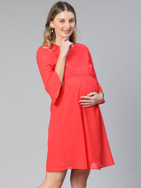 Women Embellished Elsaticated Round Neck Red Maternity Dress-S23283MADR01