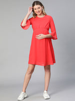 Women Embellished Elsaticated Round Neck Red Maternity Dress-S23283MADR01