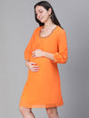 Women Embellished Elsaticated Round Neck Orange Maternity Dress-S23284MADR01