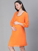 Women Embellished Elsaticated Round Neck Orange Maternity Dress-S23284MADR01