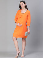 Women Embellished Elsaticated Round Neck Orange Maternity Dress-S23284MADR01