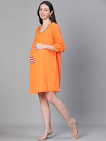 Women Embellished Elsaticated Round Neck Orange Maternity Dress-S23284MADR01