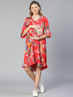 Women Floral Print Ruffled V-Neck Red Maternity Dress-S23290MADR01