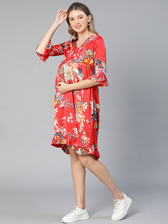 Women Floral Print Ruffled V-Neck Red Maternity Dress-S23290MADR01