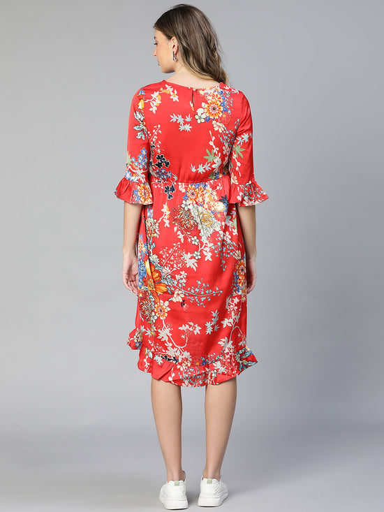 Women Floral Print Ruffled V-Neck Red Maternity Dress-S23290MADR01