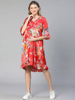 Women Floral Print Ruffled V-Neck Red Maternity Dress-S23290MADR01