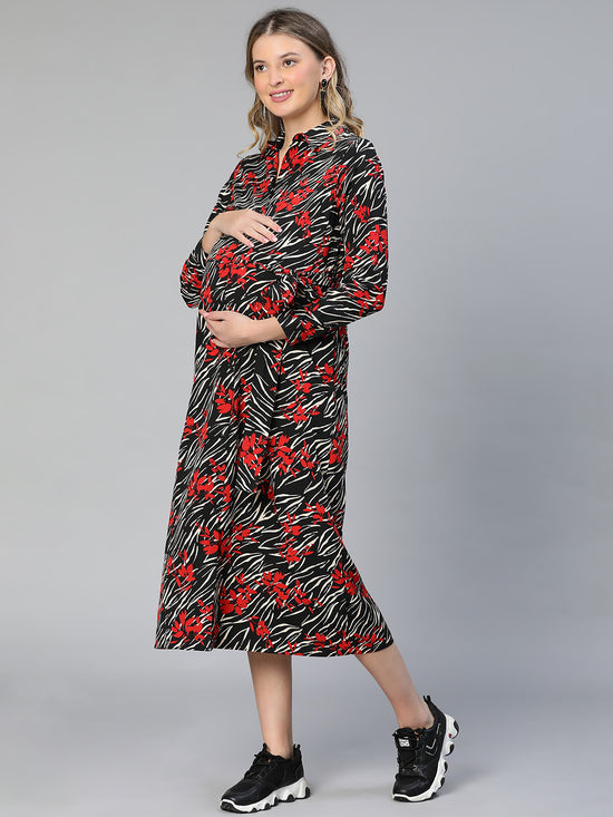 Women Floral Print Collared Belted Black Maternity Dress-S23292MADR01