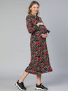 Women Floral Print Collared Belted Black Maternity Dress-S23292MADR01