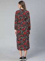 Women Floral Print Collared Belted Black Maternity Dress-S23292MADR01