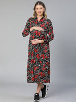 Women Floral Print Collared Belted Black Maternity Dress-S23292MADR01