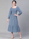 Women Round Neck Long Sleeve Blue  Flared Long Cotton Dress-S23315WDR002