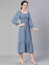 Women Round Neck Long Sleeve Blue  Flared Long Cotton Dress-S23315WDR002