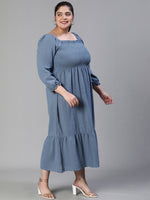 Women Plus Size Smocked Square Neck Cotton Grey Dress-S23412PDR001