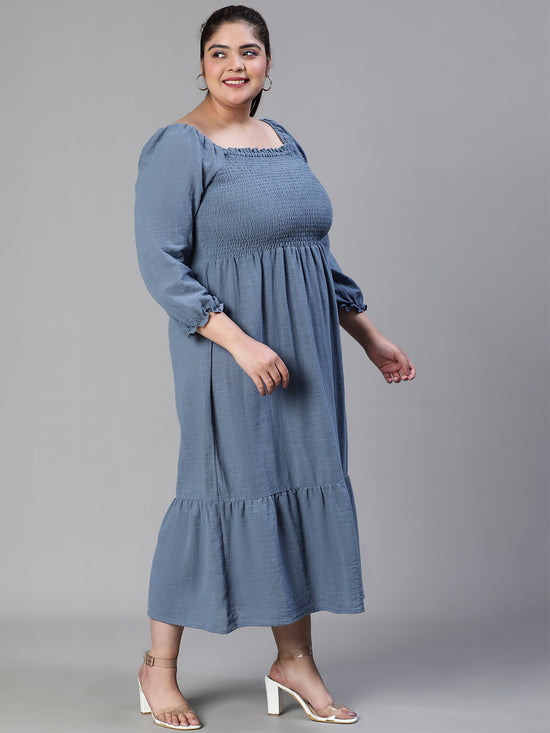 Women Plus Size Smocked Square Neck Cotton Grey Dress-S23412PDR001