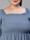 Women Plus Size Smocked Square Neck Cotton Grey Dress-S23412PDR001