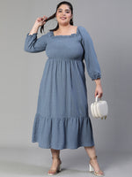 Women Plus Size Smocked Square Neck Cotton Grey Dress-S23412PDR001