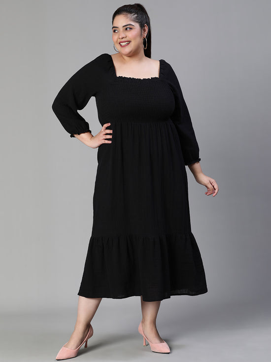 Women Plus Size Smocked Square Neck Cotton Black Dress-S23412PDR002