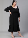 Women Plus Size Smocked Square Neck Cotton Black Dress-S23412PDR002