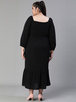 Women Plus Size Smocked Square Neck Cotton Black Dress-S23412PDR002