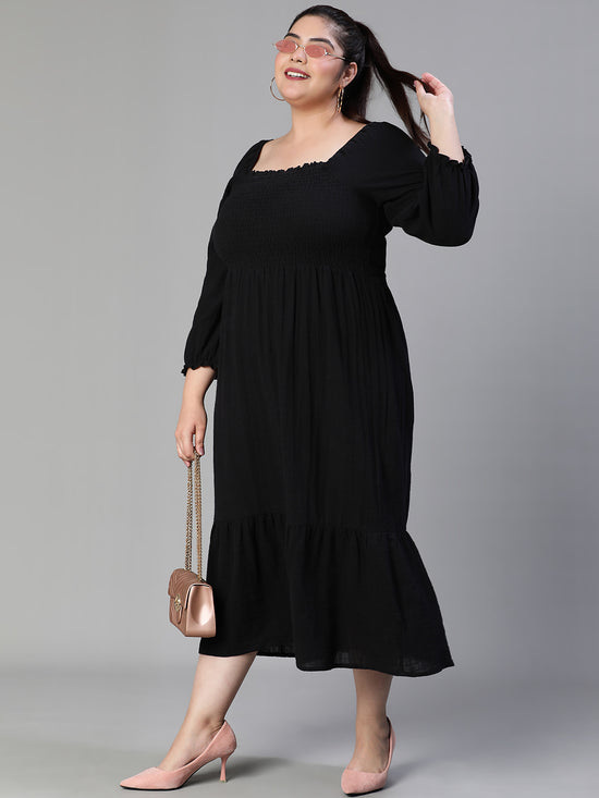 Women Plus Size Smocked Square Neck Cotton Black Dress-S23412PDR002