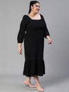 Women Plus Size Smocked Square Neck Cotton Black Dress-S23412PDR002