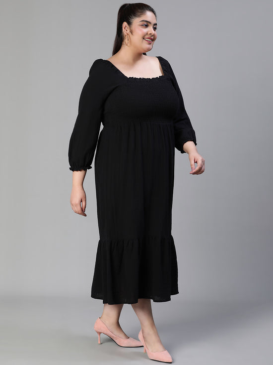 Women Plus Size Smocked Square Neck Cotton Black Dress-S23412PDR002