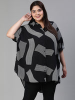 Women Plus Size Printed Button - Down Baggy Style Black Tunic-S23413PBL001