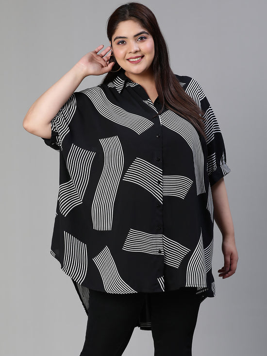 Women Plus Size Printed Button - Down Baggy Style Black Tunic-S23413PBL001