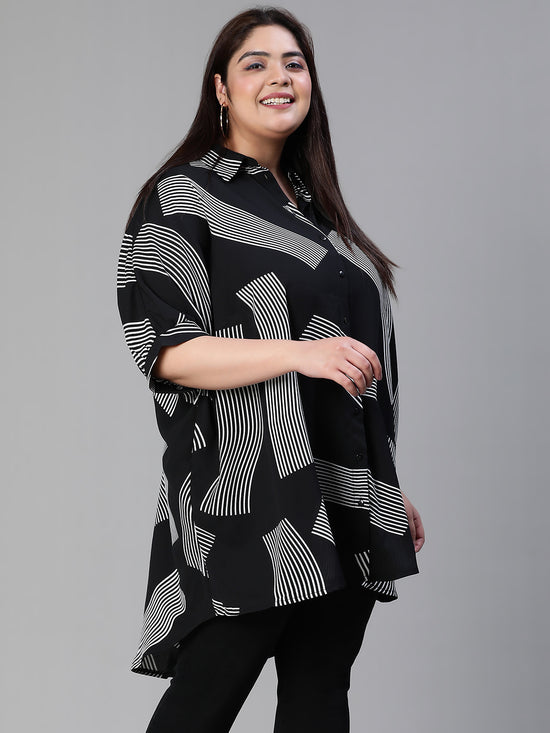 Women Plus Size Printed Button - Down Baggy Style Black Tunic-S23413PBL001