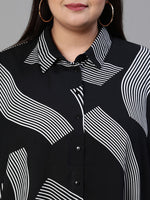 Women Plus Size Printed Button - Down Baggy Style Black Tunic-S23413PBL001