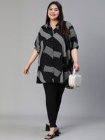 Women Plus Size Printed Button - Down Baggy Style Black Tunic-S23413PBL001