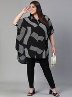 Women Plus Size Printed Button - Down Baggy Style Black Tunic-S23413PBL001