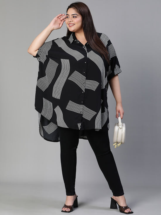 Women Plus Size Printed Button - Down Baggy Style Black Tunic-S23413PBL001