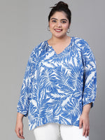 Women Plus Size Tropical Print V-Neck Button Tab  Sleeve Blue Top-S23437PBL001