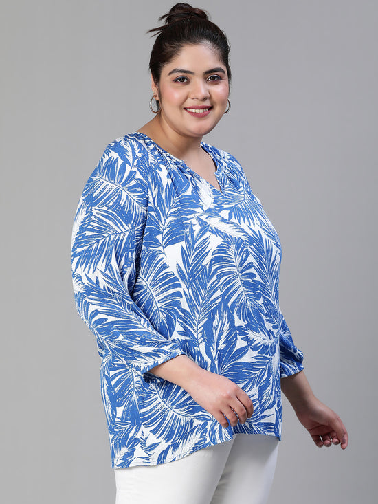 Women Plus Size Tropical Print V-Neck Button Tab  Sleeve Blue Top-S23437PBL001