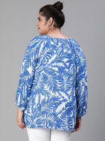 Women Plus Size Tropical Print V-Neck Button Tab  Sleeve Blue Top-S23437PBL001