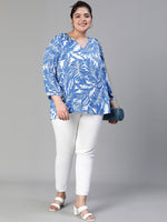 Women Plus Size Tropical Print V-Neck Button Tab  Sleeve Blue Top-S23437PBL001