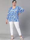 Women Plus Size Tropical Print V-Neck Button Tab  Sleeve Blue Top-S23437PBL001