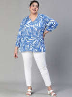 Women Plus Size Tropical Print V-Neck Button Tab  Sleeve Blue Top-S23437PBL001