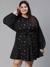 Women Plus Size Floral Print Tie-Knotted Round Neck Black Dress-S23447PDR001