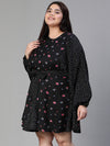 Women Plus Size Floral Print Tie-Knotted Round Neck Black Dress-S23447PDR001