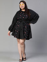 Women Plus Size Floral Print Tie-Knotted Round Neck Black Dress-S23447PDR001