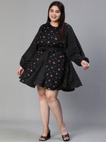 Women Plus Size Floral Print Tie-Knotted Round Neck Black Dress-S23447PDR001