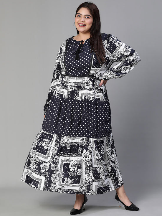 Women Plus Size Printed Drawstring Woth Round Neck Flared Navy Blue Dress-S23451PDR001