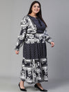 Women Plus Size Printed Drawstring Woth Round Neck Flared Navy Blue Dress-S23451PDR001